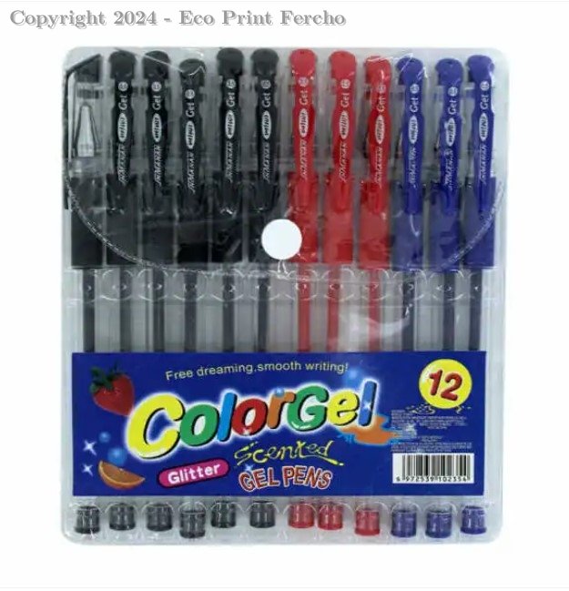 Blíster 12 plumas de gel negro, rojo y azul colorgel